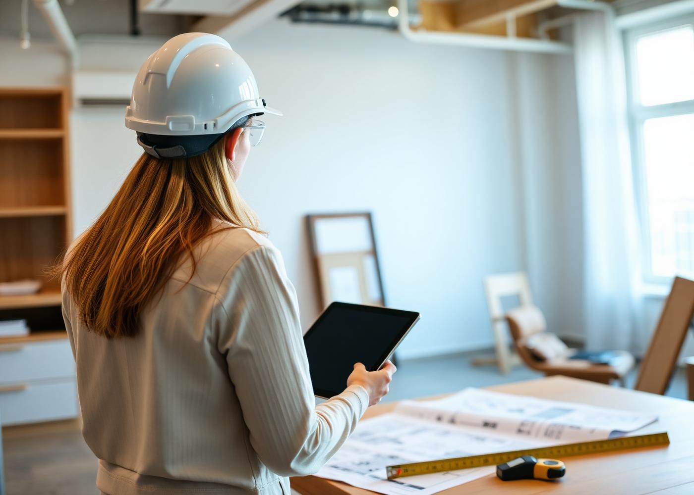 Arquiteta acompanhando obra de interiores com tablet e projeto